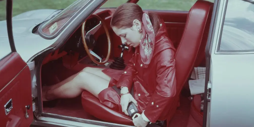 A woman fastens her seat belt in 1970