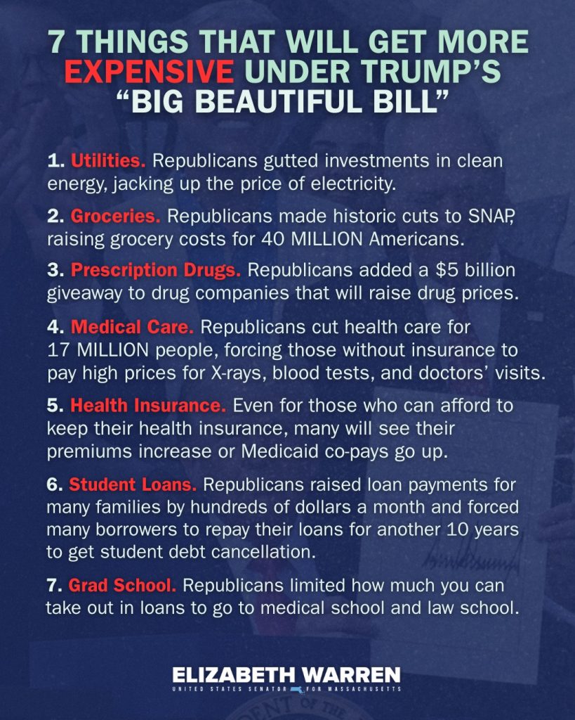 7 THINGS THAT WILL GET MORE EXPENSIVE UNDER TRUMP'S "BIG BEAUTIFUL BILL" 1. Utilities. Republicans gutted investments in clean energy, jacking up the price of electricity. 2. Groceries. Republicans made historic cuts to SNAR raising grocery costs for 40 MILLION Americans. Prescription Drugs. Republicans added a $5 billion 3. giveaway to drug companies that will raise drug prices. 4. Medical Care. Republicans cut health care for 17 MILLION people, forcing those without insurance to pay high prices for X-rays, blood tests, and doctors' visits. 5. Health Insurance. Even for those who can afford to keep their health insurance, many will see their premiums increase or Medicaid co-pays go up. 6. Student Loans. Republicans raised loan payments for many families by hundreds of dollars a month and forced many borrowers to repay their loans for another 10 years to get student debt cancellation. 7. Grad School. Republicans limited how much you can take out in loans to go to medical school and law school. ELIZABETH WARREN U N IT E O s TATE s MAs sac HusETTS